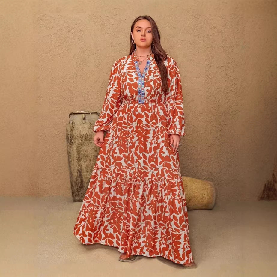 Printed V-neck Long-sleeve Womens Dress
