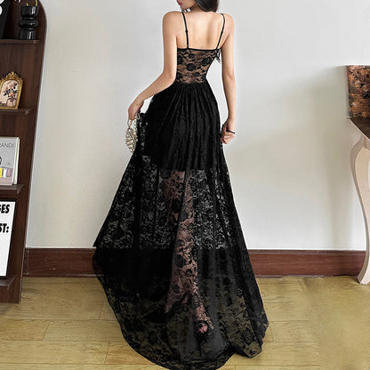 Womens Black Lace Slip Dress With A See Through Bustier Design