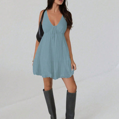 Elegant Solid-color V-neck Casual All-match Dress