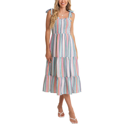 Strappy Rainbow Color-Block Striped Slip Dress