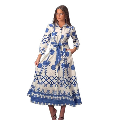 Womens Printed Defined-Waistline Long-Sleeve Dress