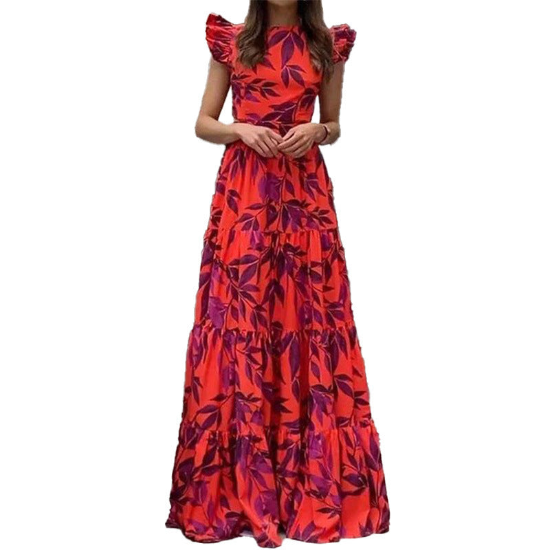 Womens Fashionable Printed Ruffled Flared Skirt