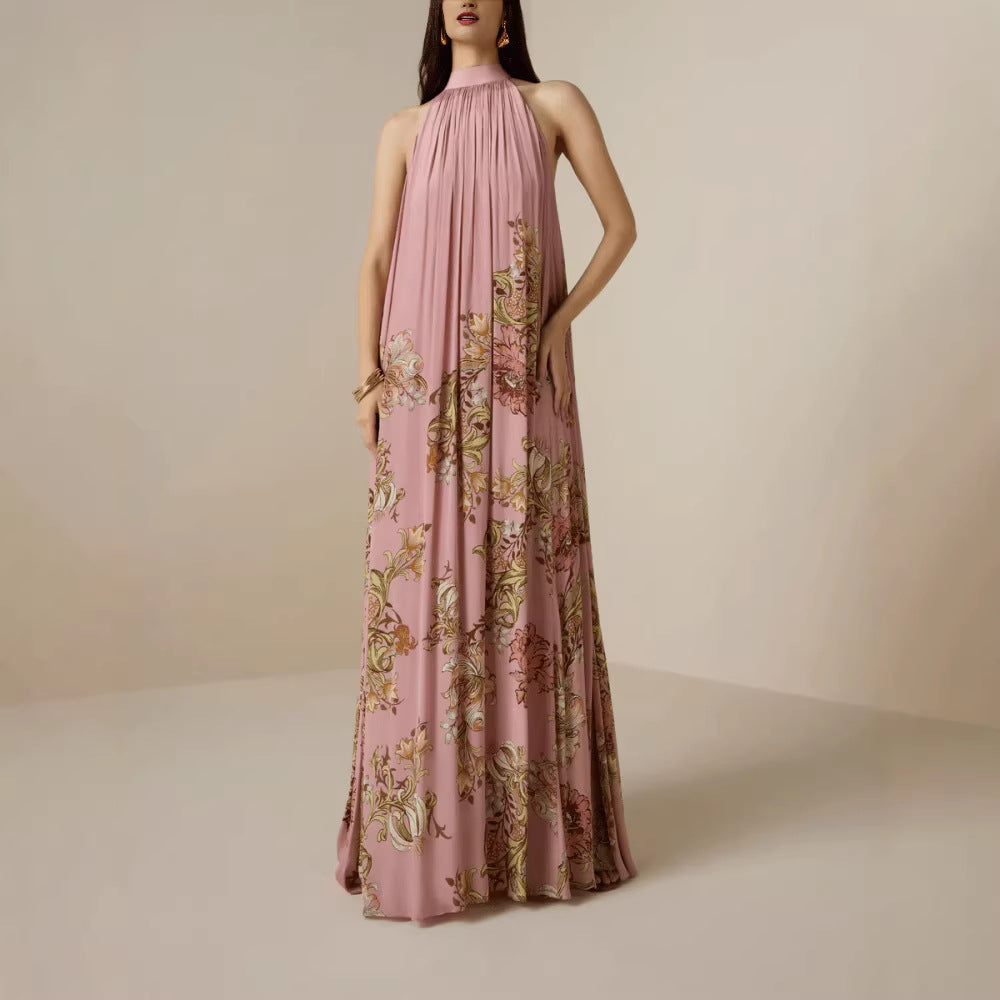 Womens Elegant High-Neck Lace-Up Printed Dress With A Refined Look