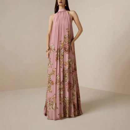 Womens Elegant High-Neck Lace-Up Printed Dress With A Refined Look