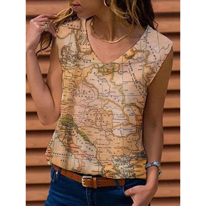Women's Vest Map Print T-shirt Top