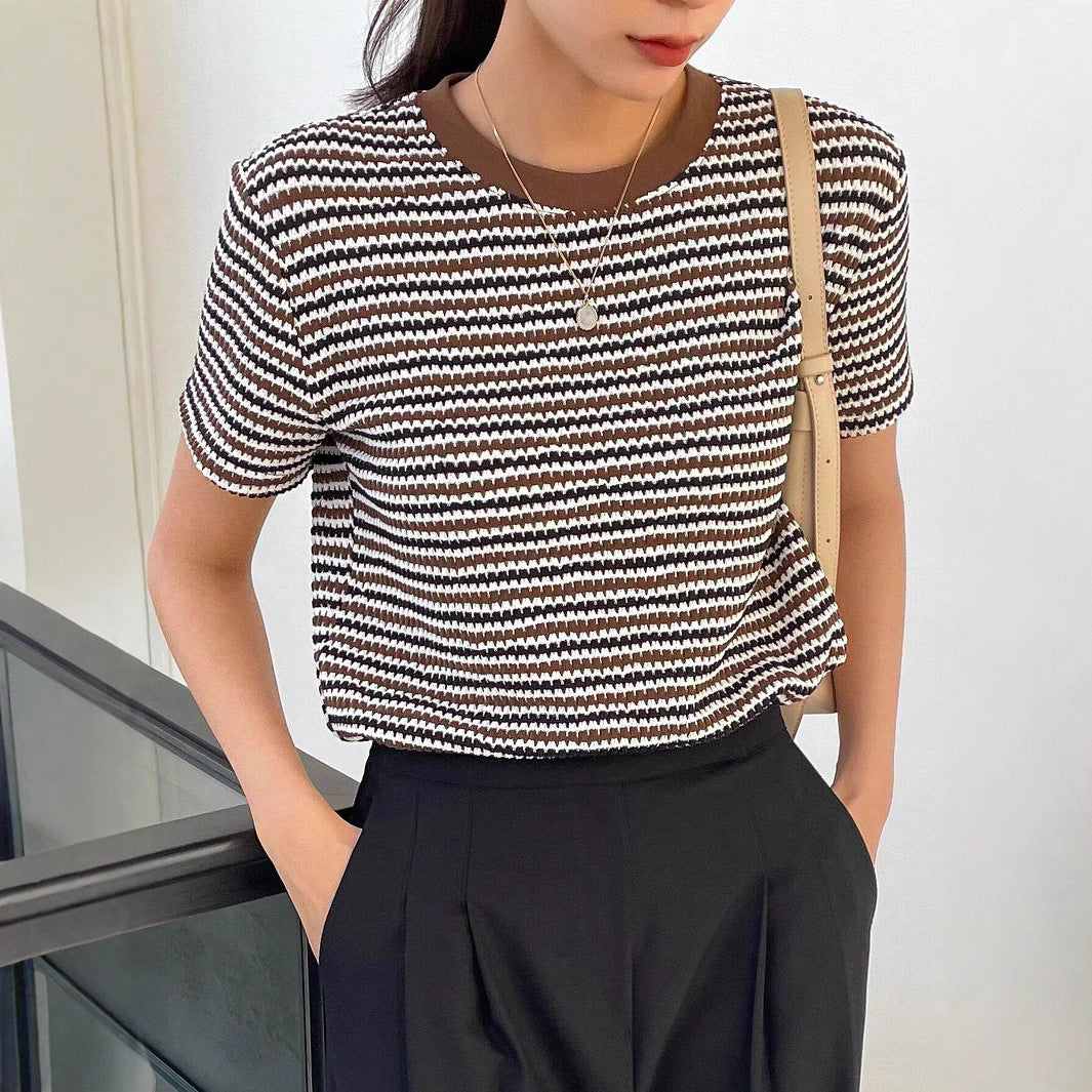 Casual Women's Color-contrast Check Round Neck Short Sleeve