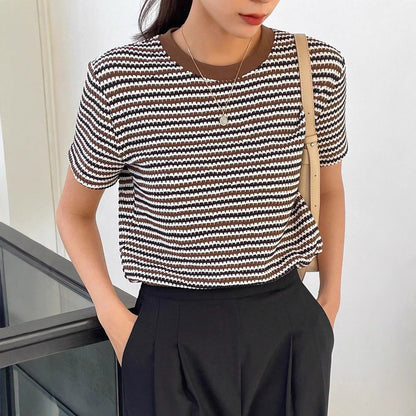 Casual Women's Color-contrast Check Round Neck Short Sleeve