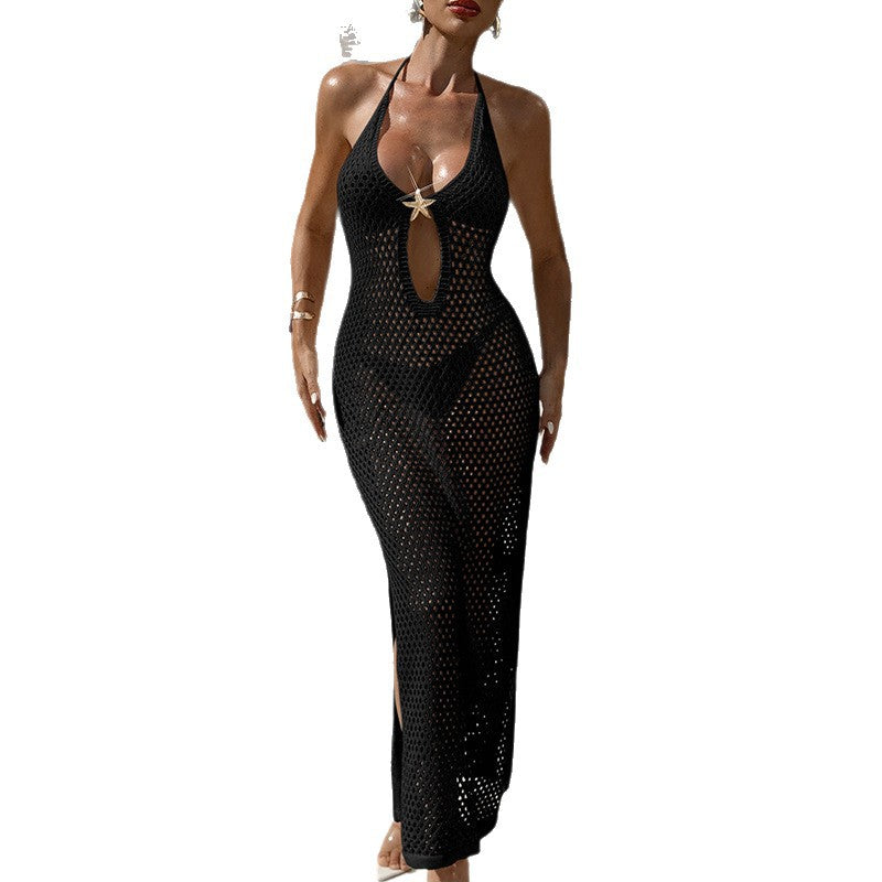 European And American V-neck Waist-cinching Backless Knit Dress