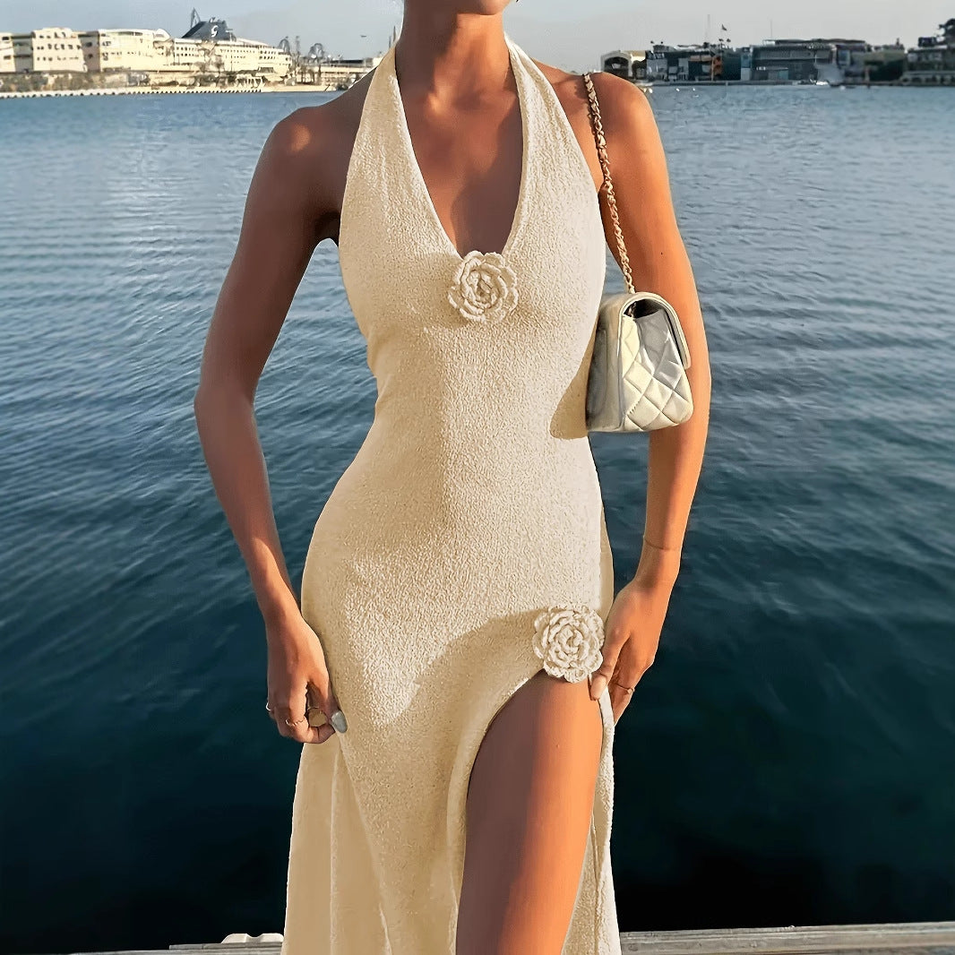 Deep V-neck Backless Maxi Dress With A Sexy High Slit Knitted Design