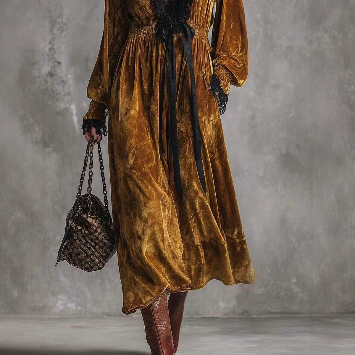 Solid-color Textured Long-sleeve Elegant French-style Dress For Women