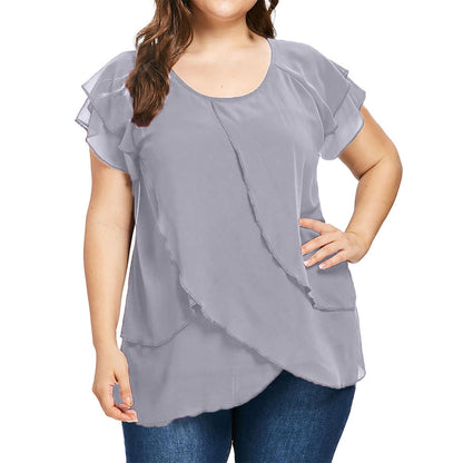 Women's Solid Color Chiffon Round Neck Multi-layer Stitching Short-sleeved Split Top