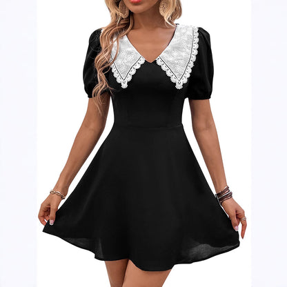 European And American Color-Block Doll Collar Puff-Sleeve Dress