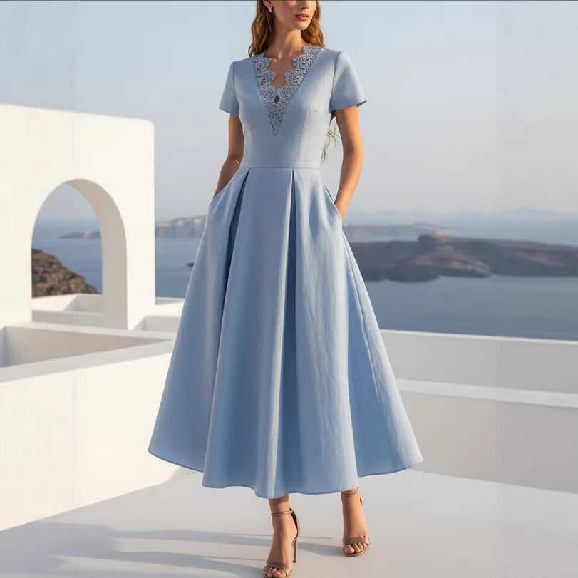Womens French-Style V-Neck Lace-Waisted Short-Sleeve Dress