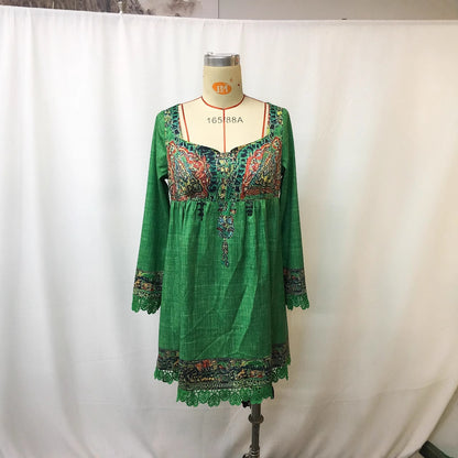 Womens Wave-Patterned V-Neck Button-Front Midi Dress With Long Sleeves For Spring And Autumn