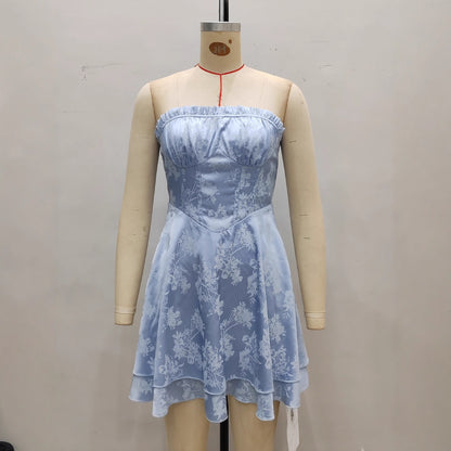 Womens Solid-Color French-style Strapless Pleated Dress