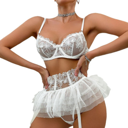 Sexy Women's Lace Mesh Floral Print Miniskirt Underwear Suit
