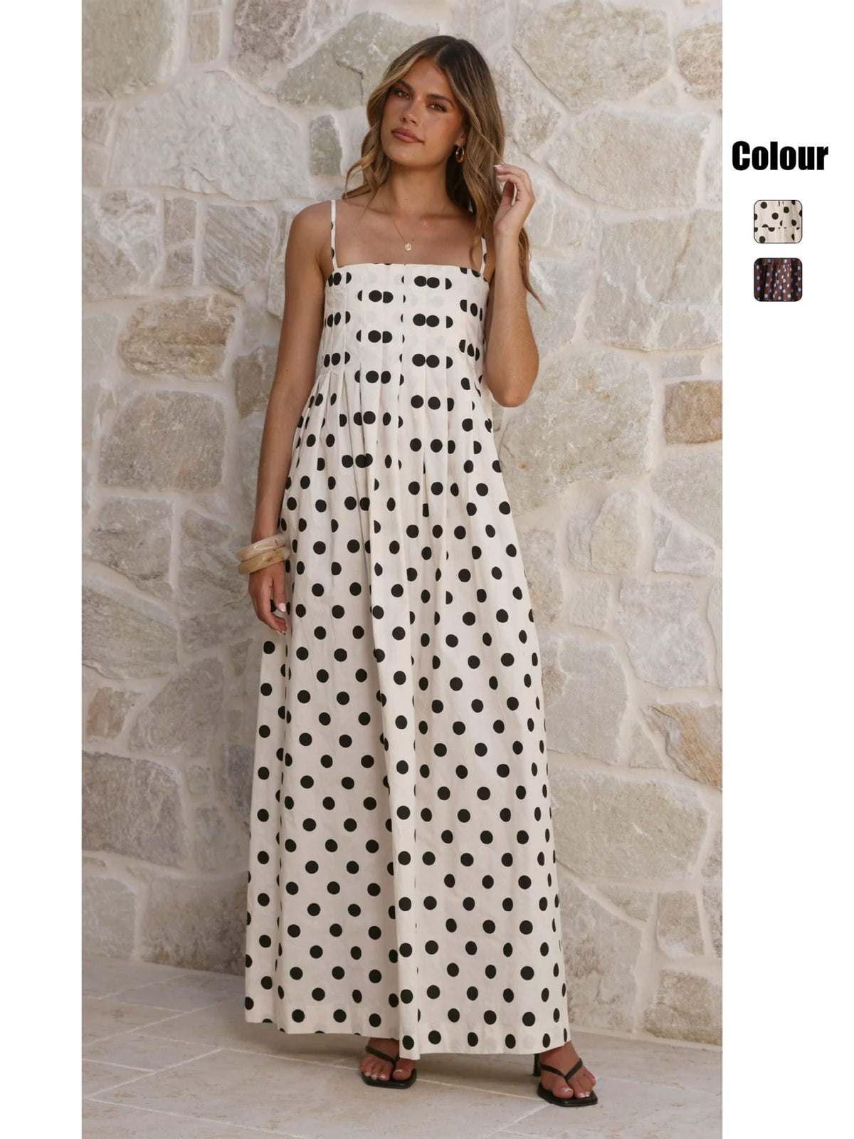 Wave Print Pleated Camisole Mid Length Dress