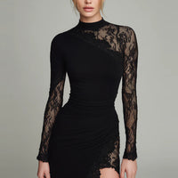 Long Sleeved Sheer Figure Hugging Lace Embellished Wrap Dress With A Slit And Patchwork Design
