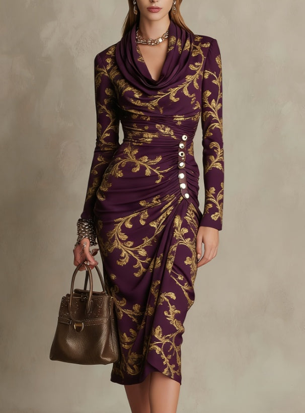 Vintage Court-style Gold Foil Printed Dress