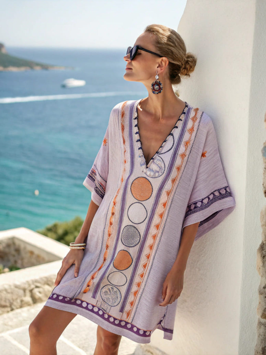 Womens V-neck Dress For Beach Vacations 3D-printed Relaxed Fit
