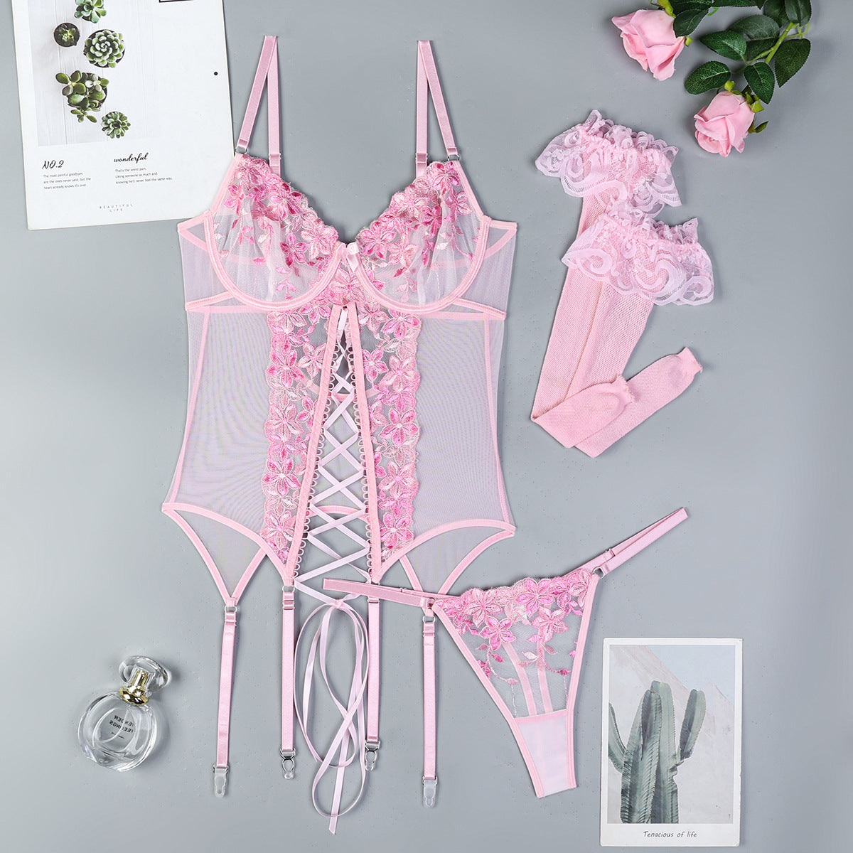Embroidered Split Sexy Suspenders Underwear Overall Dress Suit Stockings Three-piece Set