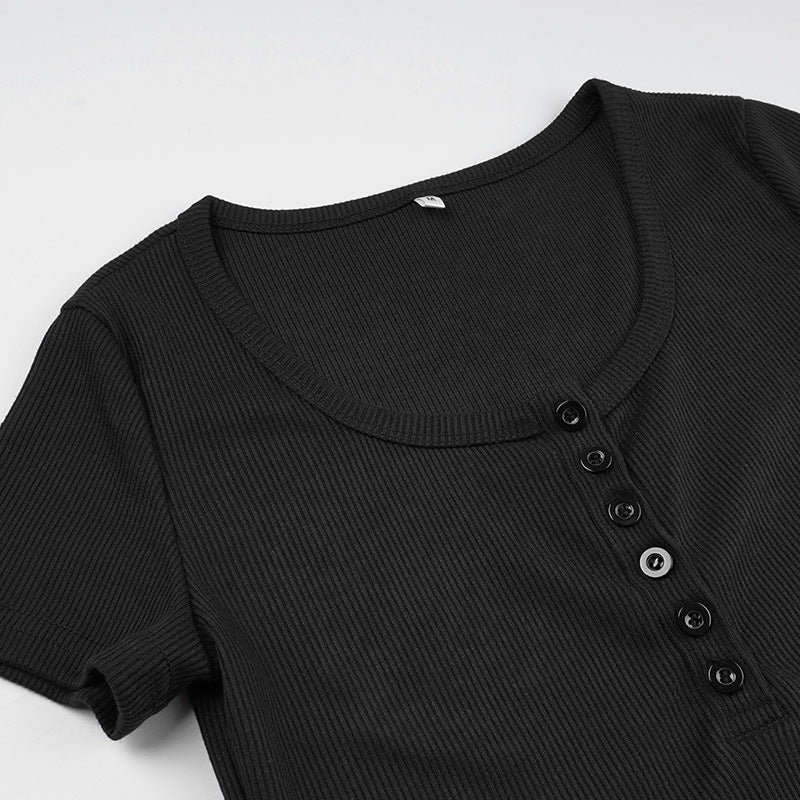 Breasted Thread Thin Knitted Base Pure Color Casual Versatile Short Sleeve
