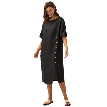Casual Cotton-Linen Dress With Buttoned Slit And Round Neck
