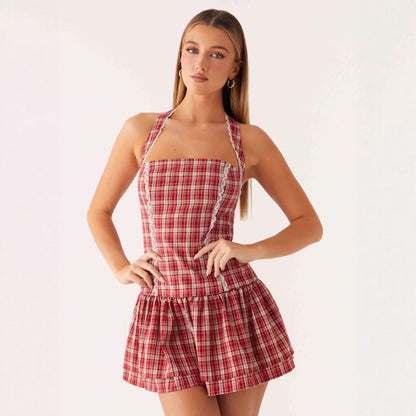 Neck-hanging Ruffled Cake-style Mini Dress With A Lace-trimmed Plaid Design