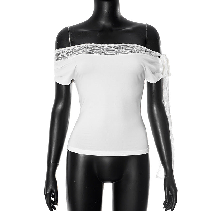 Solid Color Off-neck Sexy Lace Stitching Top
