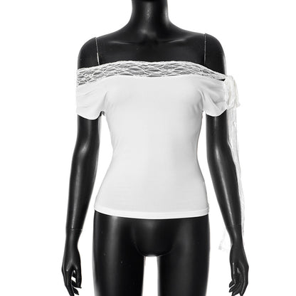 Solid Color Off-neck Sexy Lace Stitching Top