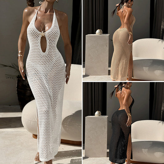 European And American V-neck Waist-cinching Backless Knit Dress