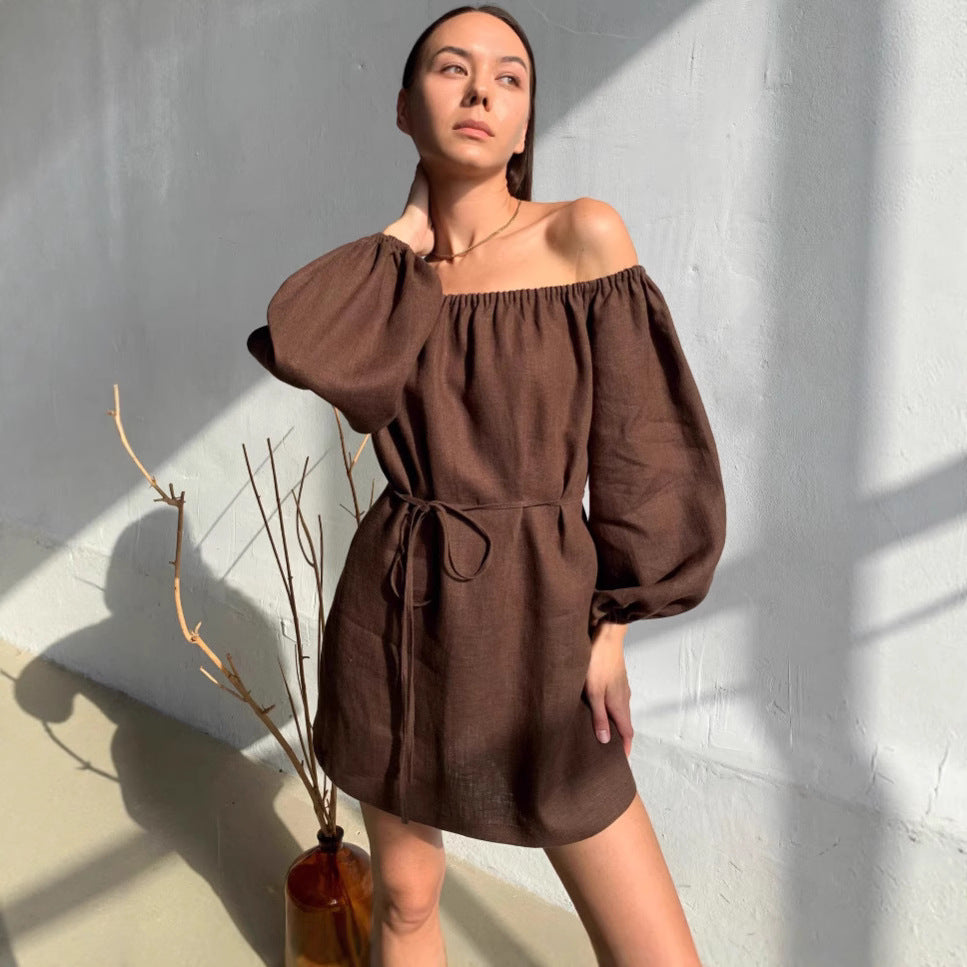 Brown Puff-sleeve Off-the-shoulder Pure Cotton Long-sleeve Dress