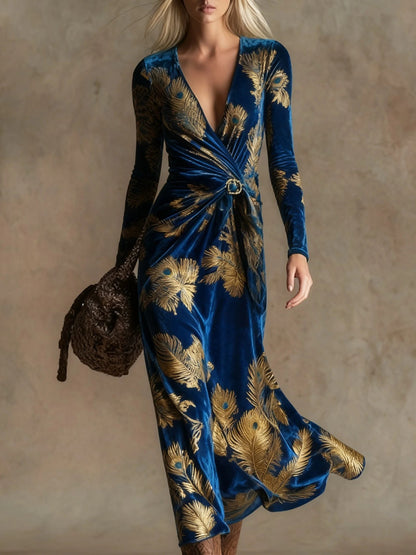Womens V-neck Long-sleeve Maxi Dress