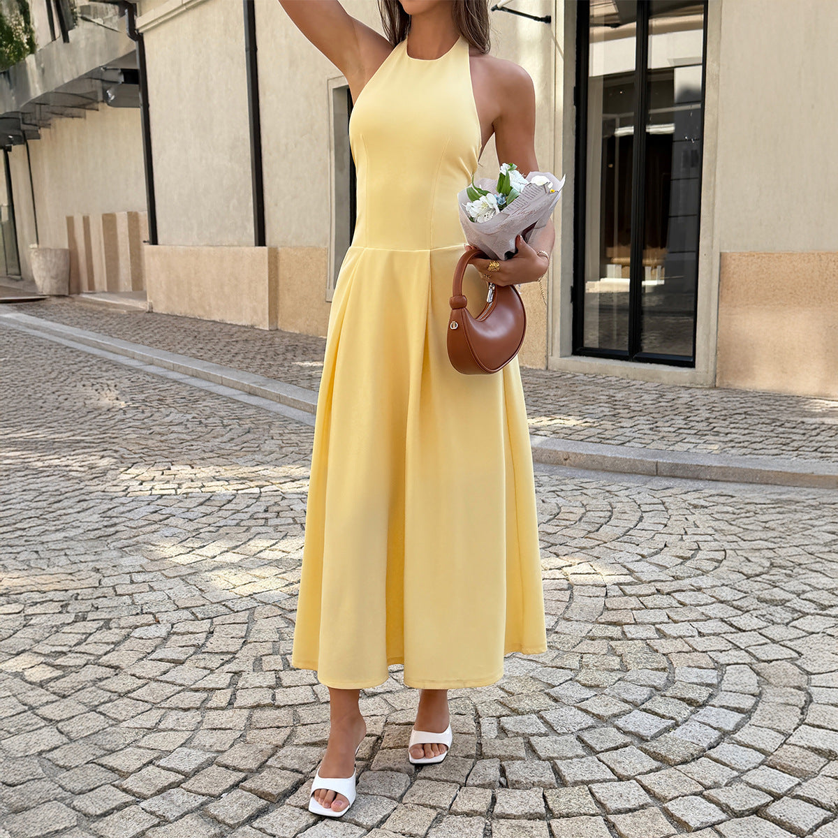 SpringSummer European And American-style Elegant Halter-neck Sleeveless Waist-cinching A-line Dress