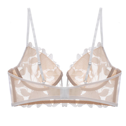 European And American Underwear Gathered Deep V Three-dimensional Embroidery Mesh