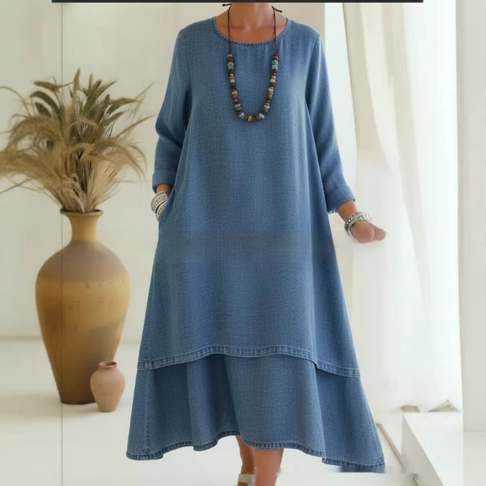 Elegant Double-layered Hemline Faux Denim Maxi Skirt