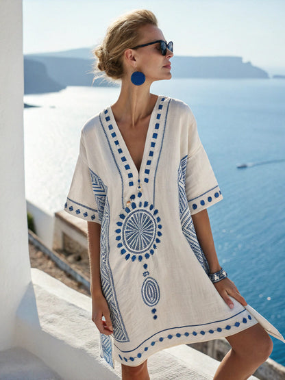 Womens V-neck Dress For Beach Vacations 3D-printed Relaxed Fit