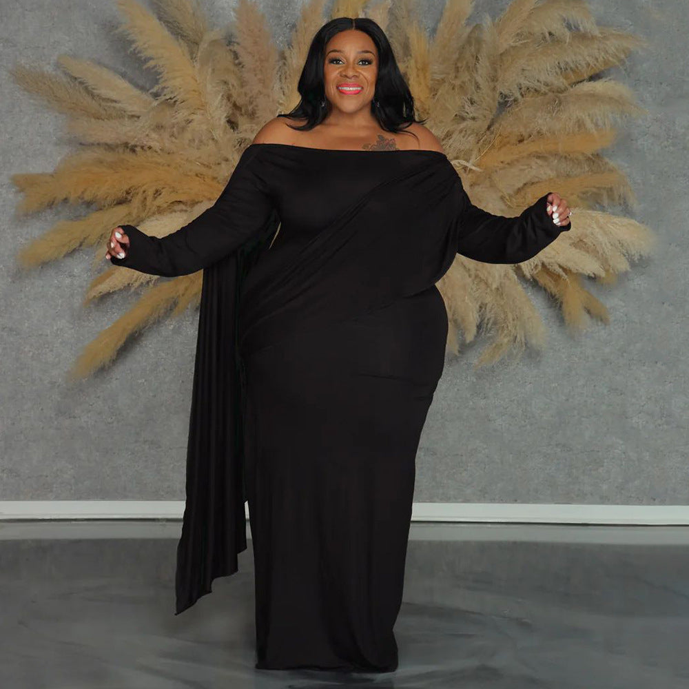 Womens Off-the-Shoulder Long-Sleeve Pleated Bodycon Plus-Size Dress