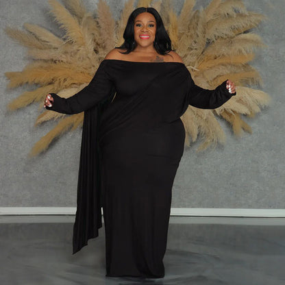 Womens Off-the-Shoulder Long-Sleeve Pleated Bodycon Plus-Size Dress