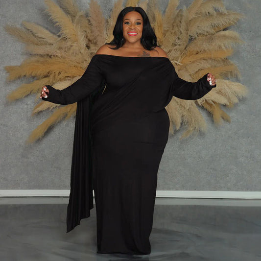 Womens Off-the-Shoulder Long-Sleeve Pleated Bodycon Plus-Size Dress