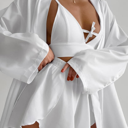 Chiffon Long-sleeved Sexy Underwear Slit Shorts Three-piece Pajamas