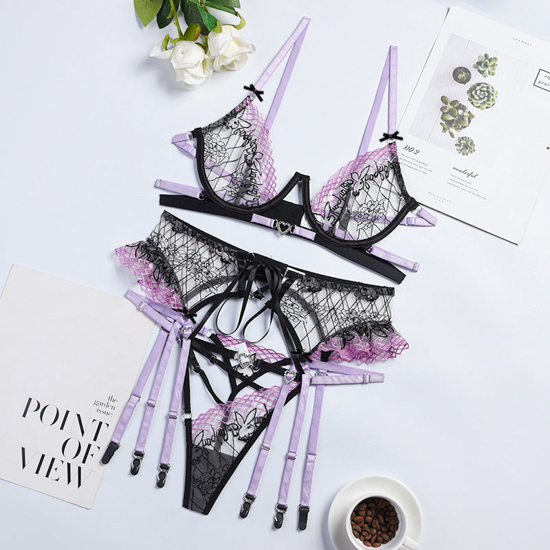 Ruffled Rabbit Flower Embroidery Complex Craft Hollow Out Underwear Three Piece Set