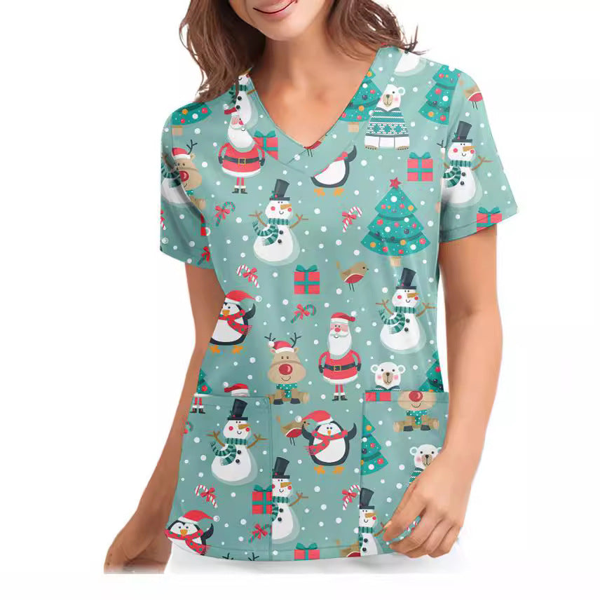 Christmas Women's Short-sleeved V-neck Protective Clothing Nursing Gown Top