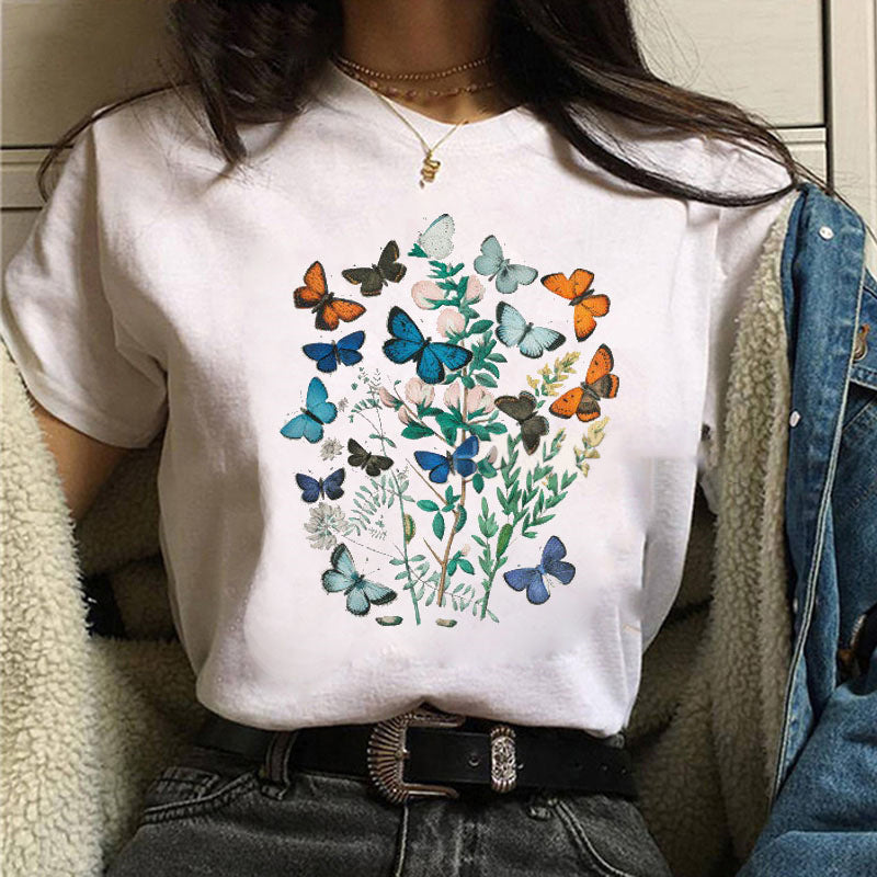 Printed White Ladies Casual Loose Personality Short Sleeves