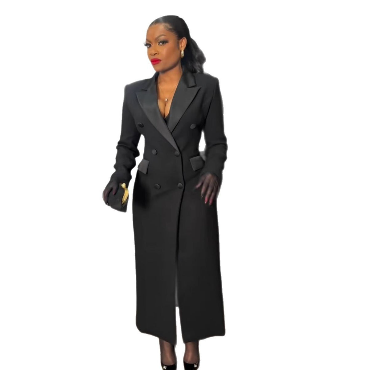 Sexy Elegant Long Blazer Dress With A Notched Collar And A Fitted Waist