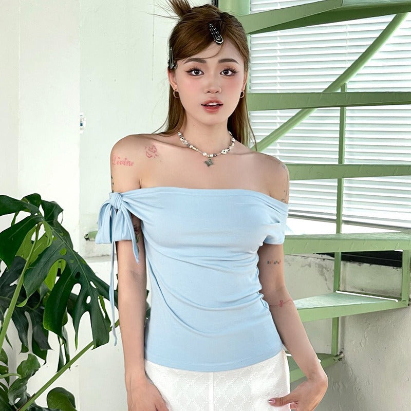 Pleated One-shoulder Backless Twisted Lace-up Asymmetric T-shirt Top
