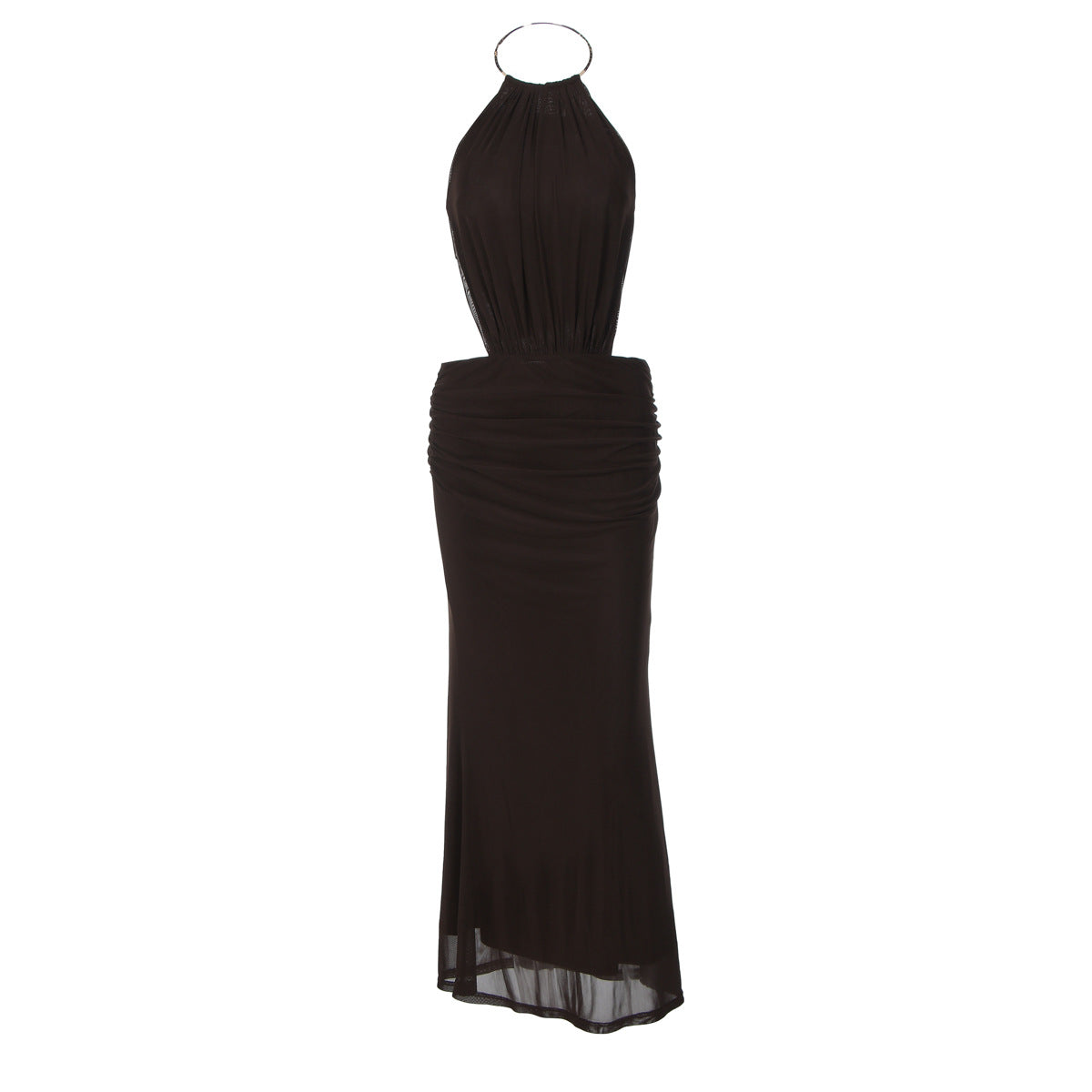 Metal Ring Halter Neck Sexy Backless Tie-waist Long Dress