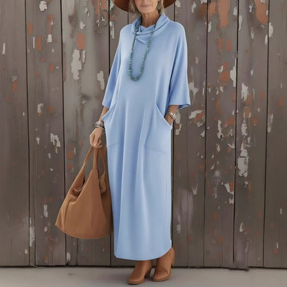 Womens Loose Knitted Dress With High Neck And Pockets