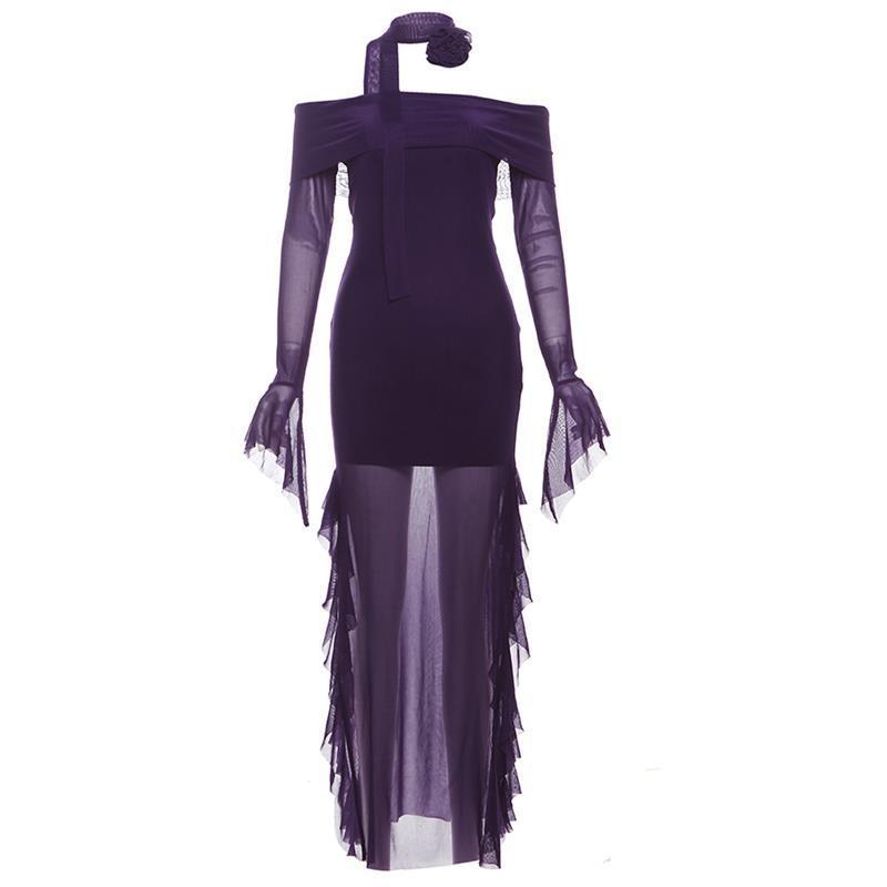 Off The Shoulder Mesh Long Sleeve Dress Figure Hugging And Hip Hugging Maxi Length