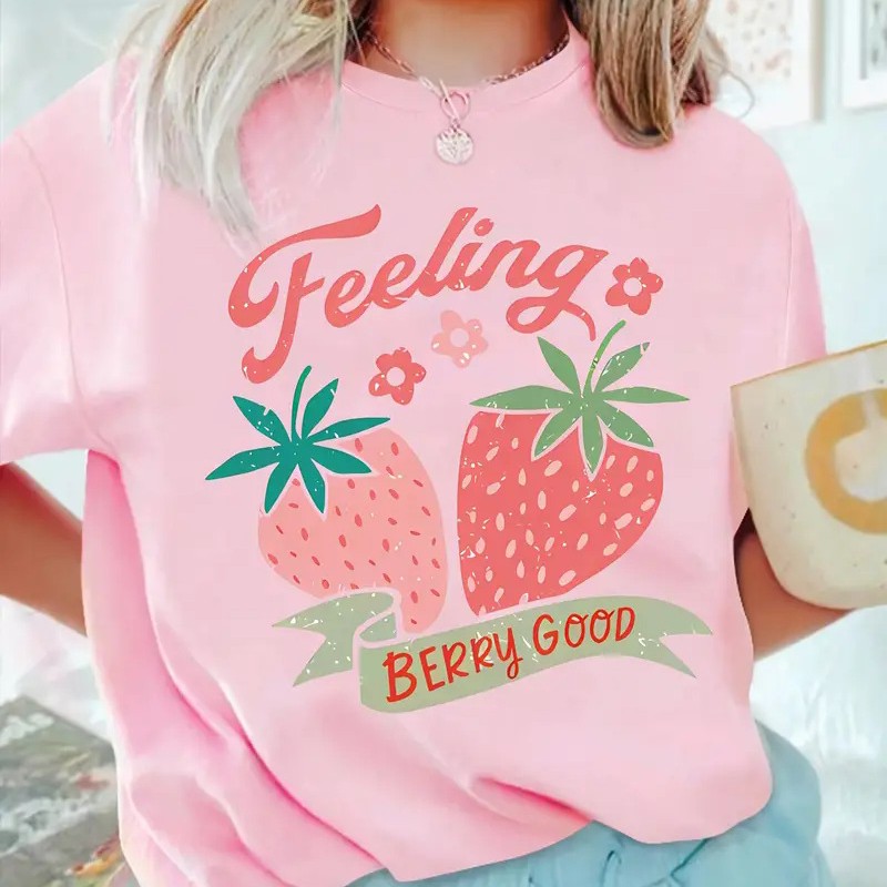 Women's Short-sleeved European And American Fruit Strawberry Round Neck Top